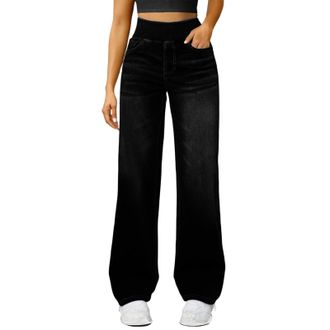 Generic Jeans for Women UK Wide Leg Jeans for Women High Waisted Pull on Stretch Comfy Palazzo Trousers Casual Denim Pants with Pockets Everyday Wear Elastica