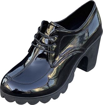 Generic Ladies Retro Fashion High Heel Ankle Boots Shiny Leather Lace Up Chunky Sole Design (Black, 4.5)