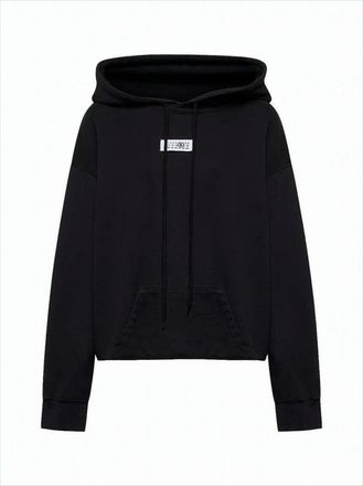 Maison Margiela Cropped Black Cotton Hoodie With Distinctive Logo Patch