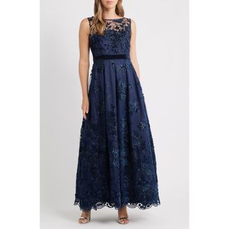 Eliza J Embroidered Sequin Ballgown in Navy at Nordstrom Rack, Size 10