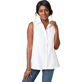 Jessica London Stretch Cotton Poplin Sleeveless Shirt in White at Nordstrom, Size 14
