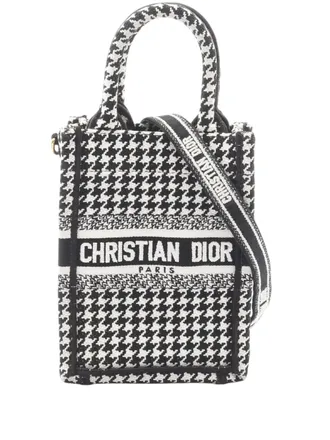 Dior 2010-2025 Mini Canvas Houndstooth Vertical Book Tote satchel - women - Canvas - One Size - Black