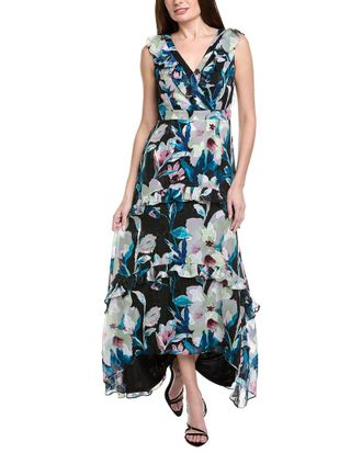 Adrianna Papell Floral Chiffon High-Low Ruffle Gown