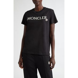 Moncler Logo Embroidered Cotton T-Shirt in Black at Nordstrom, Size Xx-Small