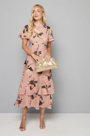 Wallis Womens Petite Floral Burn Out Ruffle Midi Dress - Pink - Size 20 UK