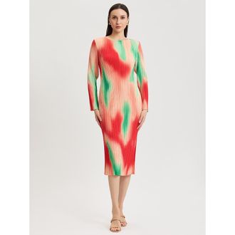 Misook Micro Pleated Print Crepe Midi Dress in Cherry Ember/peach/green at Nordstrom, Size Xx-Large