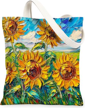 Generic Spring Oli Painting Sunflower Canvas Tote Bag for Shopping 13x15, Floral Wildflower Garden Reusable Grocery Print Pattern Bag for Women, Flower Scene 