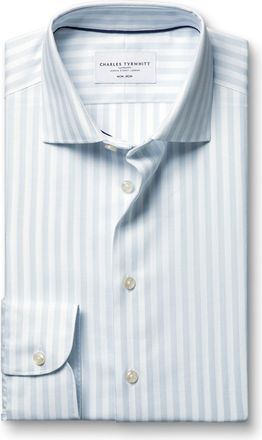 CHARLES TYRWHITT Non-Iron Cotton Linen Stripe Shirt - Ice Blue Single Cuff Size 15.5/33 by Charles Tyrwhitt