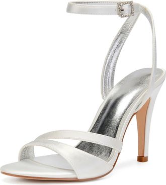 Generic Womens Wedding Bridal Heels Satin Stilettos Heeled Sandals Shoes for Party Evening 10.5Cm,Ivory,3 UK