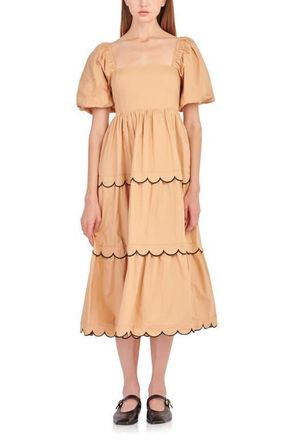 English Factory Puff Sleeve Scallop Trim Cotton Midi Dress in Tan/Black at Nordstrom, Size Large