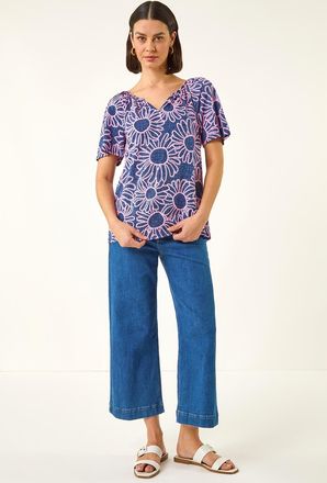 Roman Textured Floral V-Neck Stretch Top