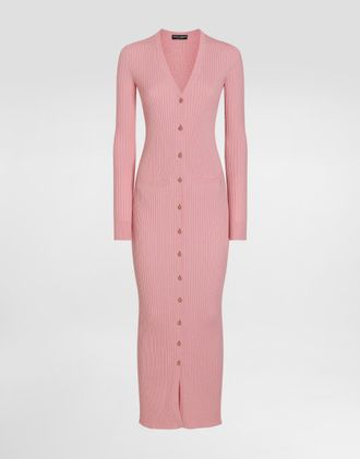 Dolce & Gabbana Long Ribbed Wool Cardigan - Woman Sweaters And Cardigans Pink 36