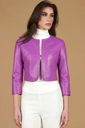 D'Arienzo Giacca corta bolero in pelle naturale glicine girocollo DArienzo, Seleziona Taglia XS, Colore Viola