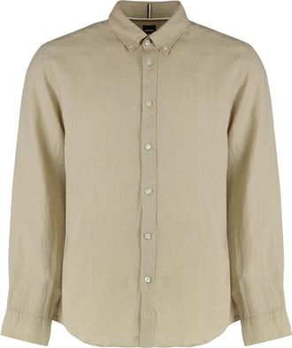 HUGO BOSS Linnen Overhemd met Lange Mouwen - Heren - Casual Overhemden - Beige - S - Linnen - Overhemden