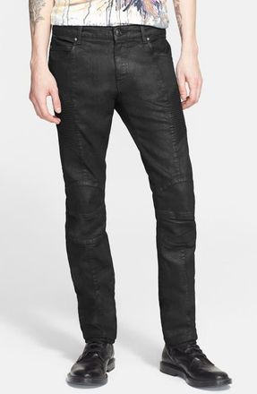 Balmain Coated Moto Jeans in Black at Nordstrom, Size 36