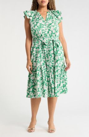 Sugarlips Baxley Floral Flutter Sleeve Cotton Dress in Green-Grey at Nordstrom, Size 3X