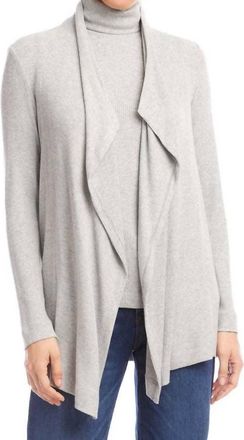 Karen Kane Long Sleeve Ribbed Drape Front Cardigan - Petite In Heather Gray