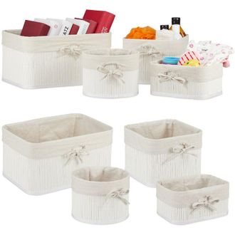 Relaxdays Relaxdays Storage Basket 2x Sets of 4, Bamboo, Fabric Lining, Shelf Organiser in Different Shapes and Sizes, White/Creme