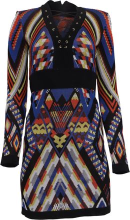 Balmain Tribal-Patterned Lace Up Mini Dress in Multicolor Viscose