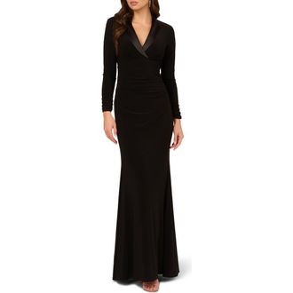 Adrianna Papell Long Sleeve Tuxedo Mermaid Gown in Black at Nordstrom, Size 10