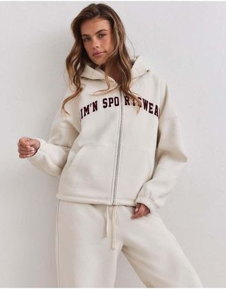 Aim'n felpa varsity con cappuccio e zip color crema-Bianco