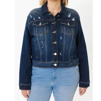 Kancan Distressed Denim Jacket In Dark Blue Wash