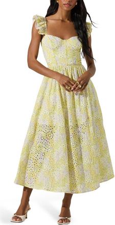 ASTR the Label Wedelia Floral Print Ruffle Strap Midi Dress in Lemon Ditsy Floral at Nordstrom Rack, Size X-Small
