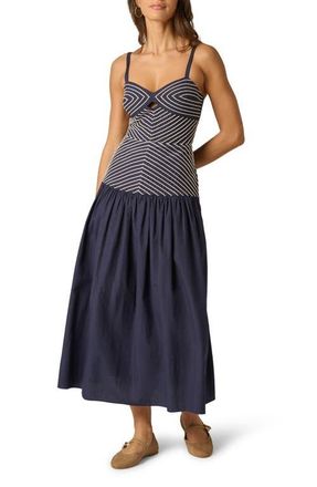 Adrianna Papell Embroidered Cutout Drop Waist Cotton Midi Dress in Navy/Ivory at Nordstrom, Size 10