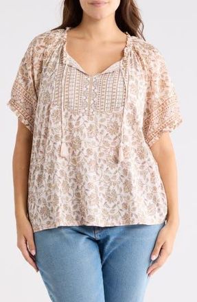 Lucky Brand Short Sleeve Split Neck Top in Pink Multi at Nordstrom Rack, Size 3X