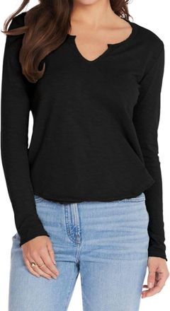 bobi Split V-Neck Tee With Raw Cut Binding In Black