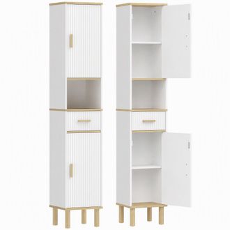 HOMCOM Homcom Armario De Ba&ntilde;o Alto, Mueble Auxiliar De Ba&ntilde;o Estrecho Con Estantes Ajustables, Caj&oacute;n, Compartimento Abierto, 31,5x29,7x171,5 Cm, Blanco