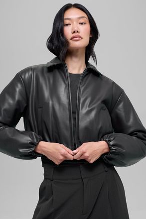 Alo | Faux Leather Cropped Premier Bomber Jacket in Black, Size: Medium