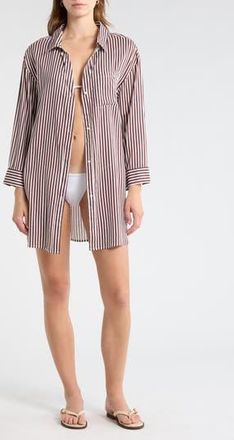 Nordstrom Rack Printed Flowy Long Sleeve Tunic in Brown Bitter Stripe at Nordstrom Rack, Size X-Large