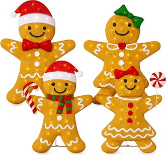 Best Choice Products 4pc Gingerbread Family 2D Christmas Yard Decor, 4ft Light Up Holiday Lawn Decoration, 200 LED Lights