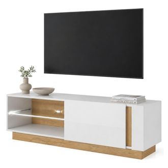 Dmora Mueble Para Tv Kagale, 2 Estantes, Una Puerta, Estante De Vidrio, 138x40x46h Cm, Color Marr&oacute;n Roble Nodoso
