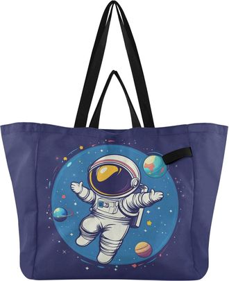 Generic Astronaut Planets Stars Blue print Reusable Canvas Tote Bag, Heavy Duty Grocery Shopping Bag with Large Capacity Double Handles Hard Bottom Work Groce