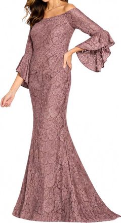 Cameron Blake Bell Sleeve Lace Evening Gown In Rose