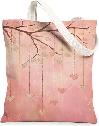 Generic Romantic Hearts Canvas Tote Bags, Vintage Floral Pattern Reusable Grocery Bags, Lightweight Washable Shoulder Strap Canvas, Peach, 13x15 Inch