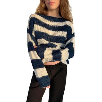 Generic aaSccex Cuddly Pullover Womens Fluffy Knitted Jumper Womens Long Sweatshirt Oversized Stripes Vintage Loose Casual Sweatshirt Crew Neck Pullover Off S