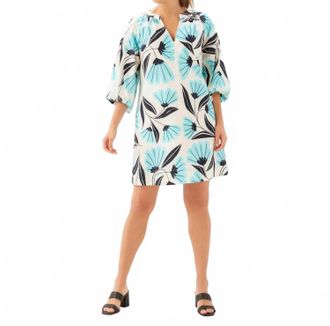 Karen Kane Puff Sleeve Peasant Dress - Petite In Aqua Bloom Print