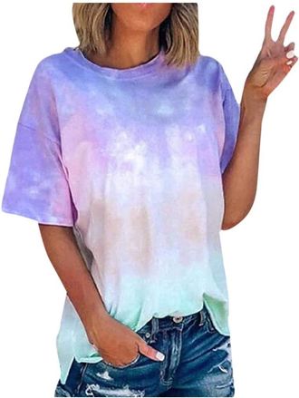 Generic Tie Dye T-Shirt Womens with Funny Print - T Shirts Womens Large Sizes T-Shirt Casual Viscose Long Shirt Short Sleeve Sweatshirt Elegant Tops Spring Ba