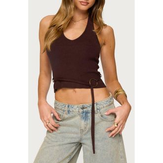 Edikted Kez Belted Knit Halter Top in Brown at Nordstrom, Size X-Small