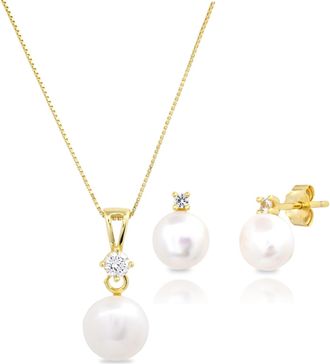 MAX + STONE 925 Sterling Silver Yellow Gold Plate Cultured Pearl & Created White Sapphire Set