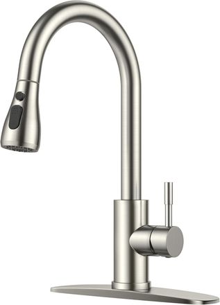 OEM Grifo De Cocina Con Rociador Extra&iacute;ble, Monomando De Acero Inoxidable Niquelado Cepillado De Arco Alto, Con Placa De Montaje, Apto Para Instalaciones 