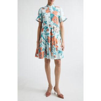 Erdem Floral Print Tiered Cotton Dress in Trailing Poppy Dream Blue at Nordstrom, Size 10