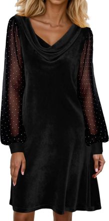 Generic Stylish V-Neck Mesh Casual Dress for Women Elegant Solid Long Sleeve Tunic Top Comfortable Daily Wear Wedding Outfit for Older Ladies Womens Party Win