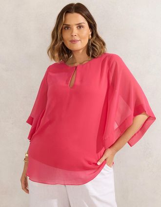 Live Unlimited London Womens Coral Keyhole Overlay Blouse - Pink/Orange/Red - Size: 18