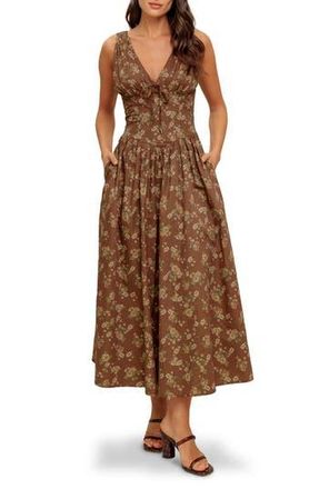 Flying Tomato Plunge Neck Cotton Midi Dress in Brown at Nordstrom Rack, Size Large