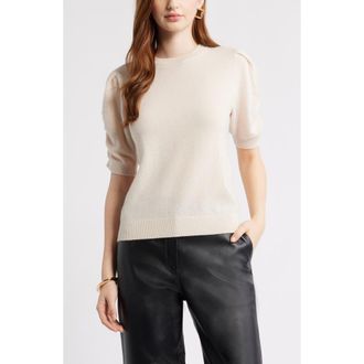 Nordstrom Ruched Short Sleeve Cashmere Sweater in Beige Beach at Nordstrom, Size Xx-Large