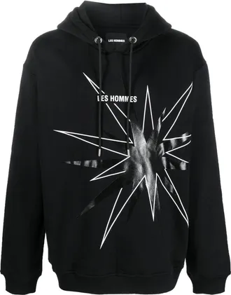 Les Hommes logo star-print drawstring hoodie - men - Cotton - L - Black